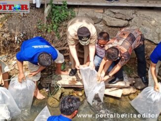 Wagub Nasrul Abit saat menebar bibit ikan di Kalumbuk, Padang.