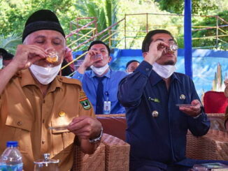 Gubernur Sumbar H. Mahyeldi Ansharullah, SP dan Walikota Sawahlunto Deri Asta, SH sedang minum madu galo-galo di kebun buah Kandi Sawahlunto.