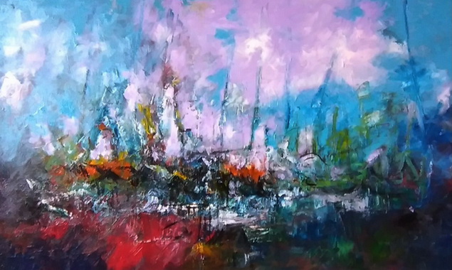 oel Mannix, Kampung Nelayan, 105 x 55 cm akrilik, 2020.