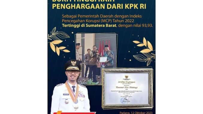 Kembali Pemko Bukittinggi menerima penghargaan atas prestasinya.