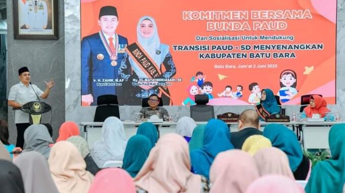 Bupati Batu Bara membuka kegiatan sosialisasi Transisi PAUD-SD Menyenangkan sekaligus penguatan komitmen bersama.