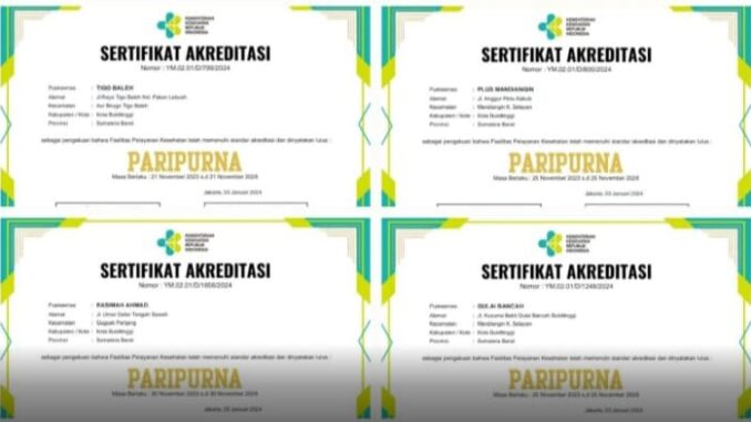 Akreditasi Paripurna Bintang Lima 4 Puskesmas di Bukittinggi.