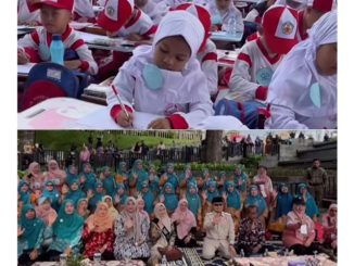 Ribuan murid TK/RA se Kota Bukittinggi ikuti lomba menggambar bentuk Geometri di pelataran Jam Gadang.