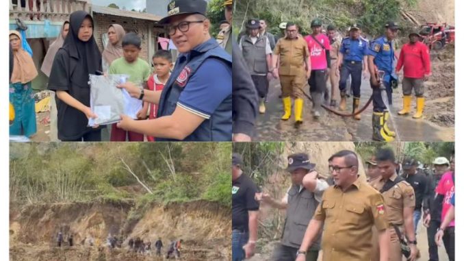 Wako Bukittinggi Ramlan Nurmatias saat meninjau dan menyerahkan langsung bantuan ke lokasi yang dilanda musibah di Sungai Landia, Kabupaten Agam, Senin (01/12).